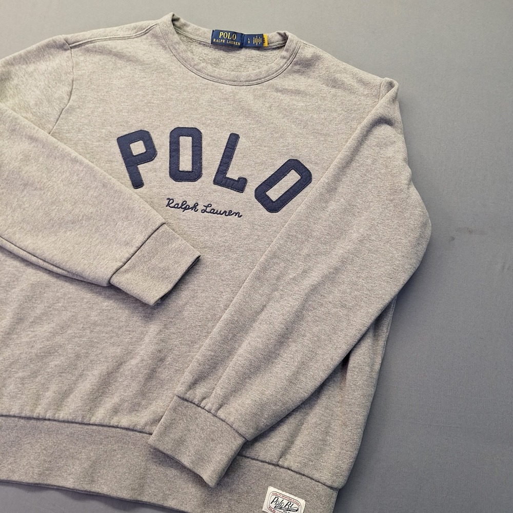 Polo Ralph Lauren Mens Large Gray Sweatshirt Spellout Logo Patch Pony Preppy